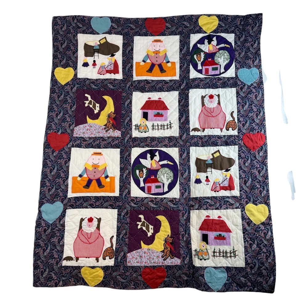 Mother Goose Handmade Nursery Rhyme Quilt  Navy Paisley Vintage **BACK STAINED**